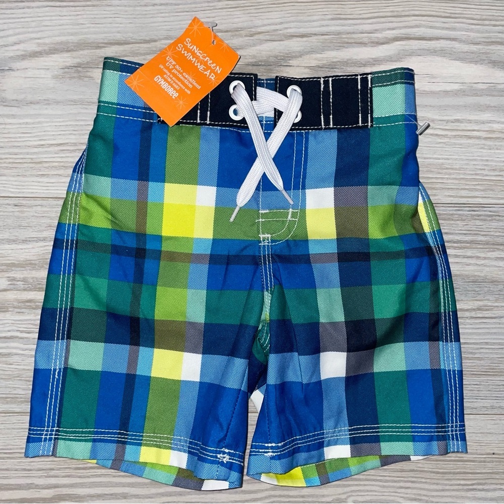 Gymboree Baby Boys Swim Trunks 18–24 Months Blue Yellow Plaid Mesh Lined NEW